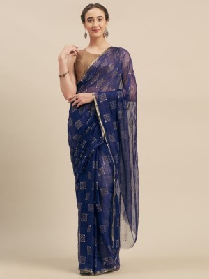 Desi Style Printed Bollywood Velvet, Chiffon Saree(Dark Blue)