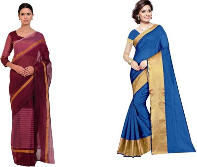 Suali Geometric Print Bollywood Cotton Silk Saree(Pack of 2, Silver)