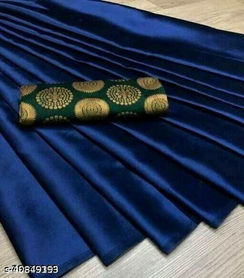 Hari Om Fab Solid/Plain Bollywood Satin Saree(Dark Blue)