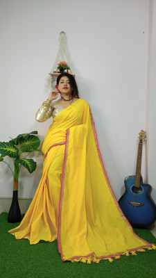 SOHAM SAREE GHAR Solid/Plain Handloom Cotton Blend Saree(Yellow)