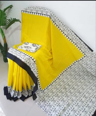 NIKHILAM Printed Daily Wear Pure Cotton Saree(Yellow, White)