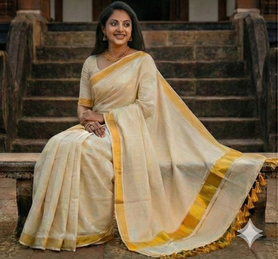 GUGALIYA FASHION Solid/Plain Kasavu Handloom Pure Cotton Saree(Beige)