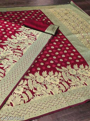 UK WORLDS Woven, Dyed, Solid/Plain Kanjivaram Silk Blend, Jacquard Saree(Maroon)