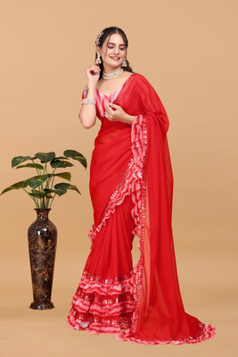 CHIGS Self Design Bollywood Lace Saree(Red)