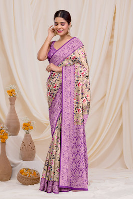 Dharmata Enterprise Digital Print, Printed Banarasi Crepe Saree(Cream)