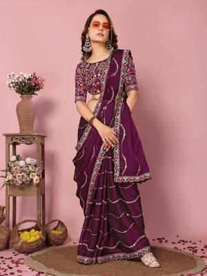 QEXTY Embroidered Bollywood Silk Blend Saree(Purple)