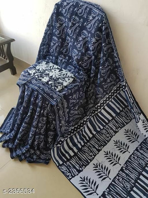 NIKHILAM Printed Ikkat Pure Cotton Saree(Light Blue)