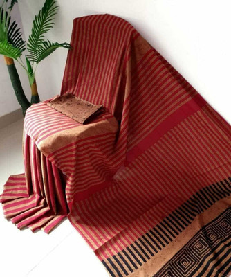 Sanganeri Print Printed, Color Block, Blocked Printed, Floral Print, Dyed Daily Wear Pure Cotton Saree(Maroon)