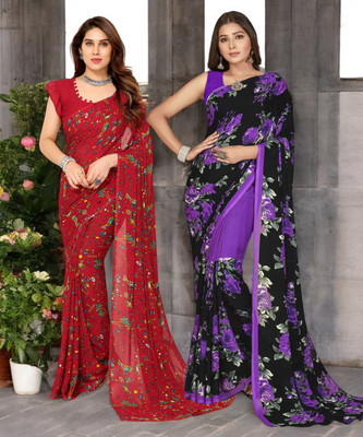 HouseOfCommon Floral Print Bollywood Georgette Saree(Pack of 2, Multicolor)