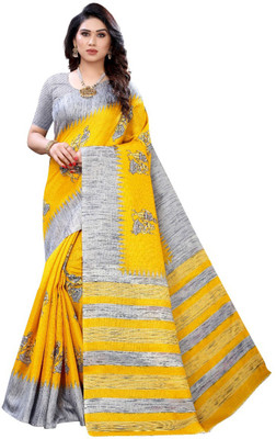 Grubstaker Printed Assam Silk Art Silk Saree(Yellow)