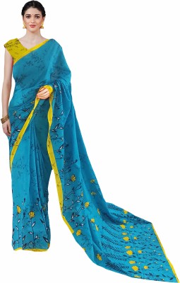 NIKHILAM Printed Ikkat Pure Cotton Saree(Light Blue)