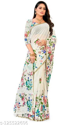 DEVICE of NT Embroidered, Solid/Plain Bollywood Chiffon Saree(White)