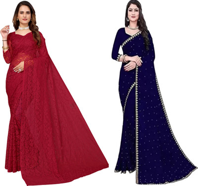 VKARAN Self Design Daily Wear Net Saree(Pack of 2, Maroon, Blue)