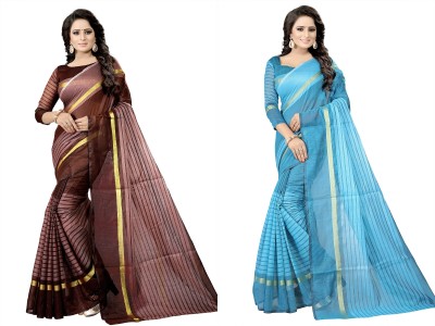 Suntex Striped Daily Wear Cotton Silk Saree(Pack of 2, Brown, Blue)