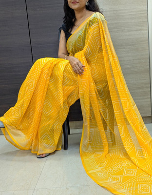 TRUORIGIN Geometric Print Bandhani Chiffon Saree(Yellow)