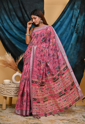 Divastri Digital Print Banarasi Cotton Linen Saree(Pink)