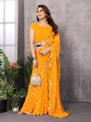 AMBUJAINTERNATIONAL Printed Bollywood Georgette Saree(Yellow, White)