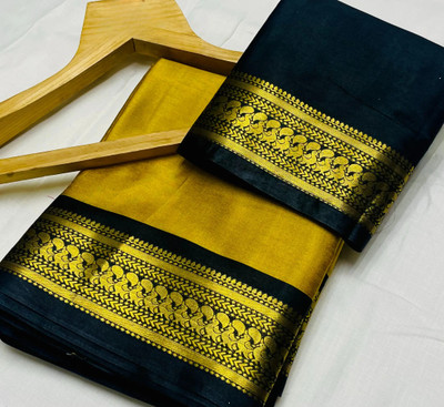 looknchoice Woven, Solid/Plain Banarasi Cotton Silk Saree(Mustard, Black)