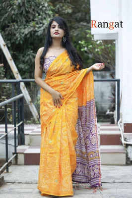 HIYAMI Printed Bandhani Pure Cotton Saree(Yellow)