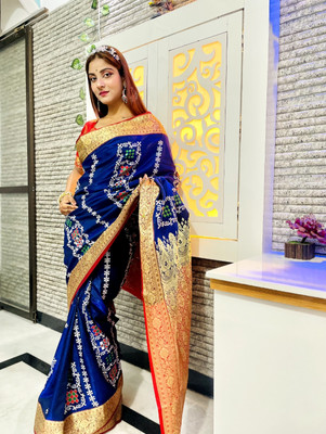 ARIBA CREATION Printed Banarasi Satin Saree(Dark Blue)