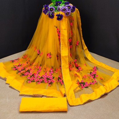 WEDDING VILLAGE Embroidered Bollywood Net Saree(Yellow)