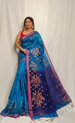 binita Self Design Handloom Cotton Blend Saree(Light Blue)