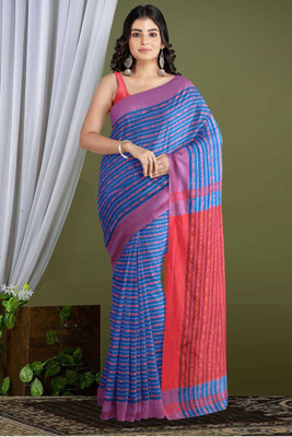 GHOSH TEXTILE Woven Handloom Cotton Blend Saree(Blue)