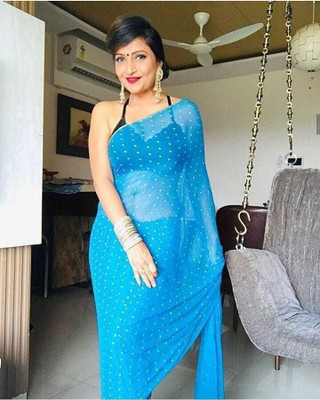 mamtasaree Polka Print Bollywood Net, Chiffon Saree(Light Blue)