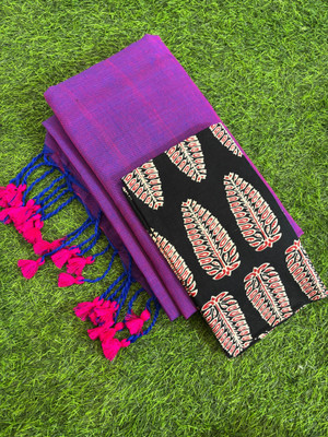 SMRITI BOUTIQUE Solid/Plain, Printed Bollywood Handloom Pure Cotton Saree(Purple, Black)