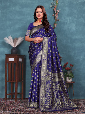 maayro Embellished Banarasi Silk Blend Saree(Dark Blue)