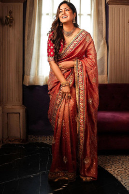 Aika Embroidered Bollywood Net Saree(Red)