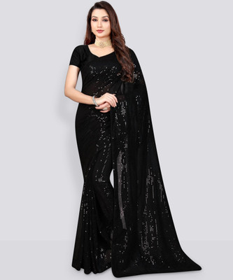 SHOBHTESH Striped, Digital Print, Embroidered Bollywood Georgette Saree(Black)