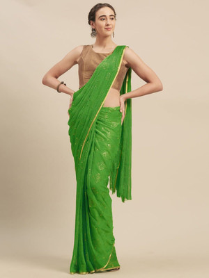 Desi Style Printed Bollywood Net, Chiffon Saree(Green)