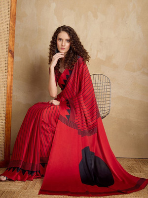 ROOP SUNDARI SAREES Geometric Print Bollywood Silk Blend Saree(Red, Black)