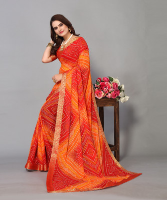 YASHIKA Printed Bandhani Georgette, Lace Saree(Red)