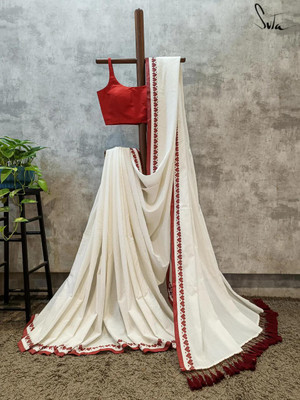 SAPTAK FASHION Solid/Plain Handloom Cotton Blend Saree(White, Red)