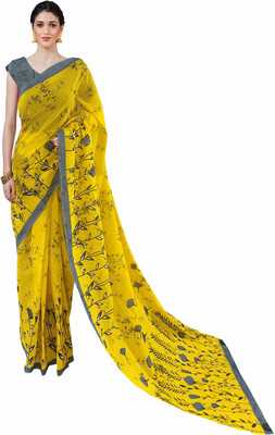 JAIPURI BLOCK PRINT Printed Daily Wear Pure Cotton Saree(Grey, Yellow)