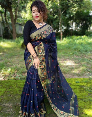 saree star Self Design Tant Cotton Silk Saree(Dark Blue)
