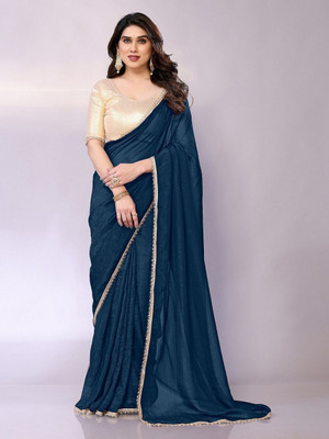 RAJESHWAR FASHION Solid/Plain Daily Wear Silk Blend Saree(Dark Blue)