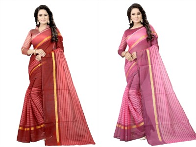 Saadhvi Striped Daily Wear Cotton Silk Saree(Pack of 2, Pink)