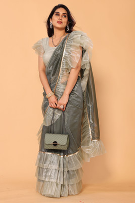 PATLANI STYLE Solid/Plain, Woven Bollywood Net Saree(Grey)