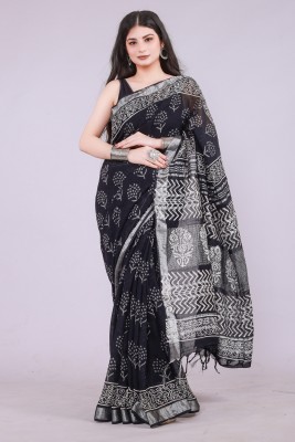 NOITAERCPR Printed Daily Wear Pure Cotton Saree(Black)