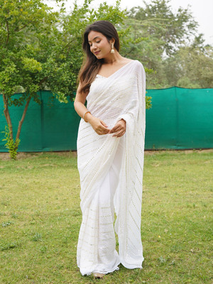 JOVTY Embroidered Bollywood Georgette Saree(White)