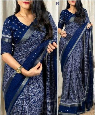 Ridham Printed Kalamkari Silk Blend Saree(Blue)