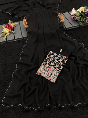JIVI CLOTHING Solid/Plain Bollywood Chiffon Saree(Black)