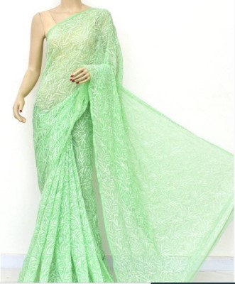 Afia Lucknowi Chikankari Embroidered Lucknow Chikankari Georgette Saree(Green)