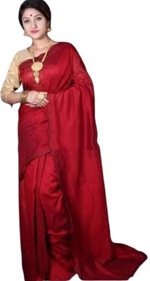 Radha Krishna Saree Solid/Plain Handloom Cotton Silk Saree(Red)