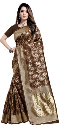 TINA FASHION Self Design Banarasi Cotton Silk Saree(Brown)