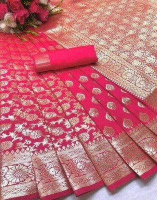 JOYSONIC Printed Kanjivaram Silk Blend Saree(Pink)