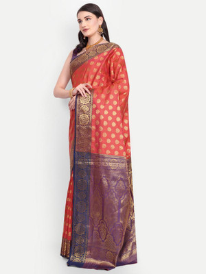 jayant creation Embroidered Daily Wear Silk Blend Saree(Orange, Blue)